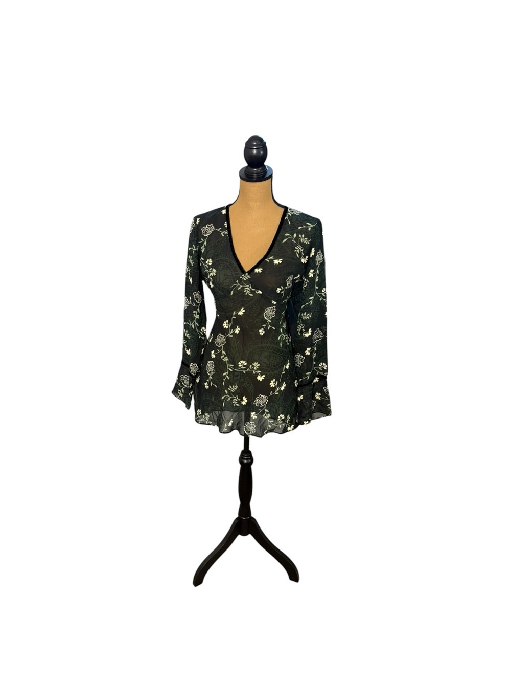 Vintage Y2K New York & Company Sheer Floral Blouse Whimsigoth Bell Sleeve M